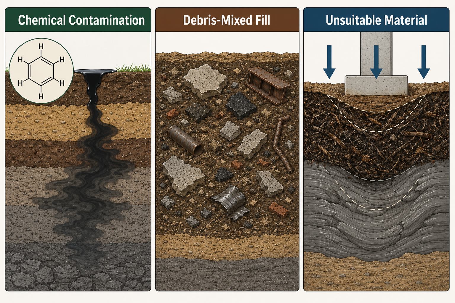 Diagram showing the three types of dirty dirt: chemical contamination with petroleum plume and benzene structure, debris-mixed fill with concrete and metal fragments, and unsuitable material with organic muck under foundation load